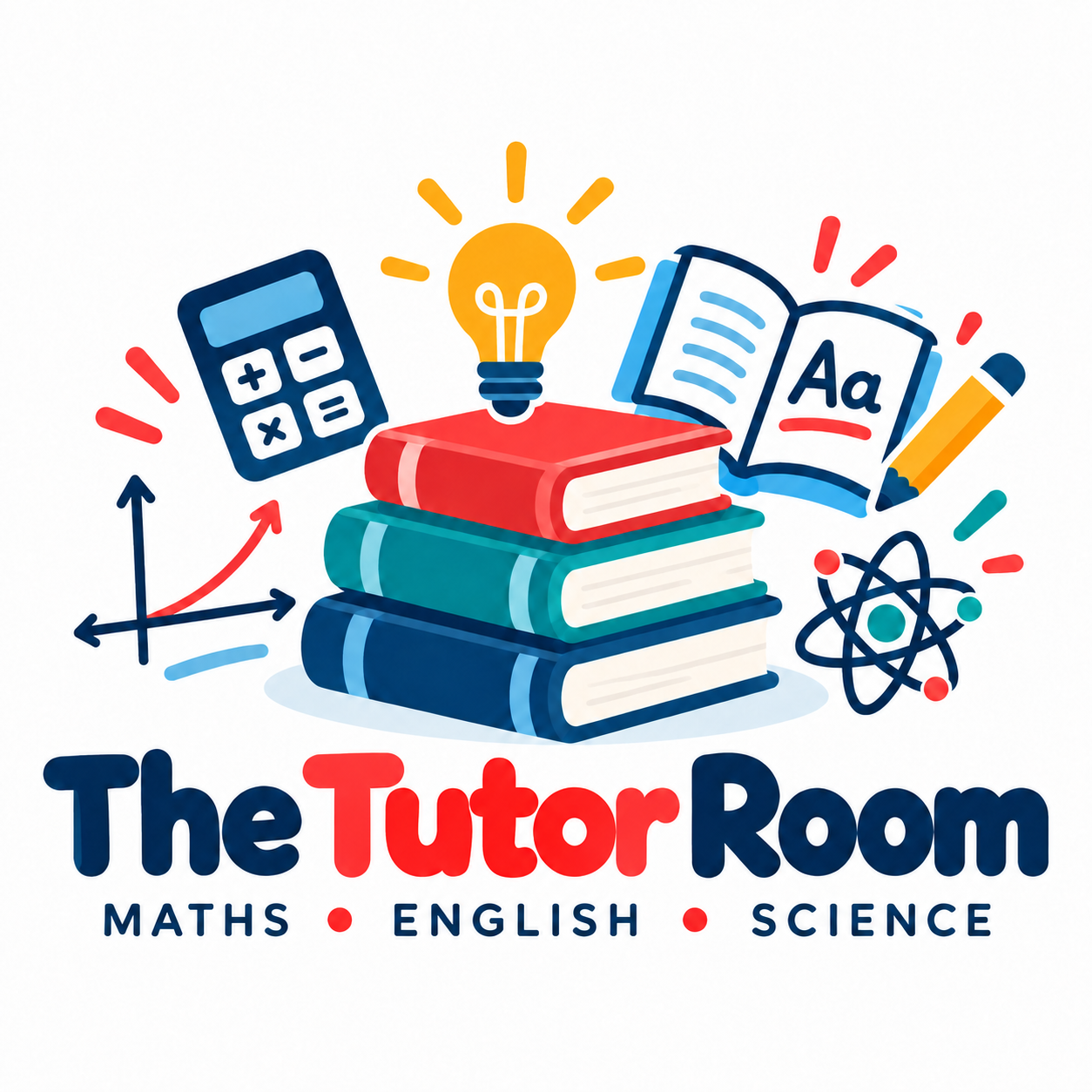 The Tutor Room logo with books and subject symbols